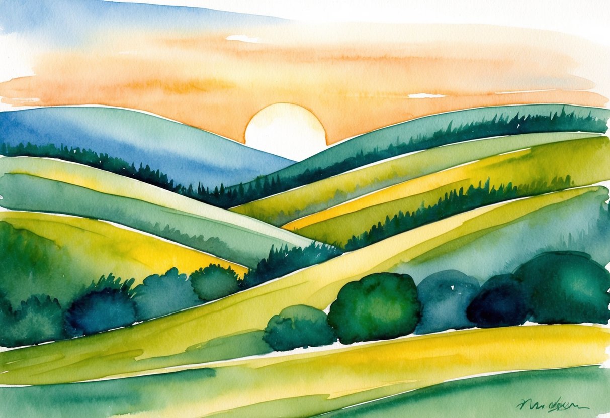 A serene landscape with rolling hills in varying shades of green, accented with touches of yellow and blue, under a warm, harmonious sunset