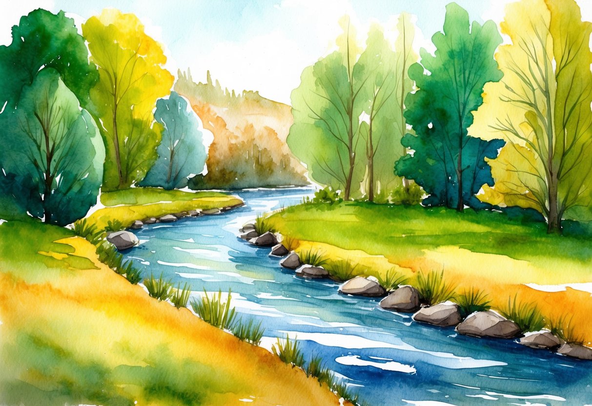 A serene landscape with a flowing river, surrounded by trees in varying shades of green, accented with warm tones of yellow and orange