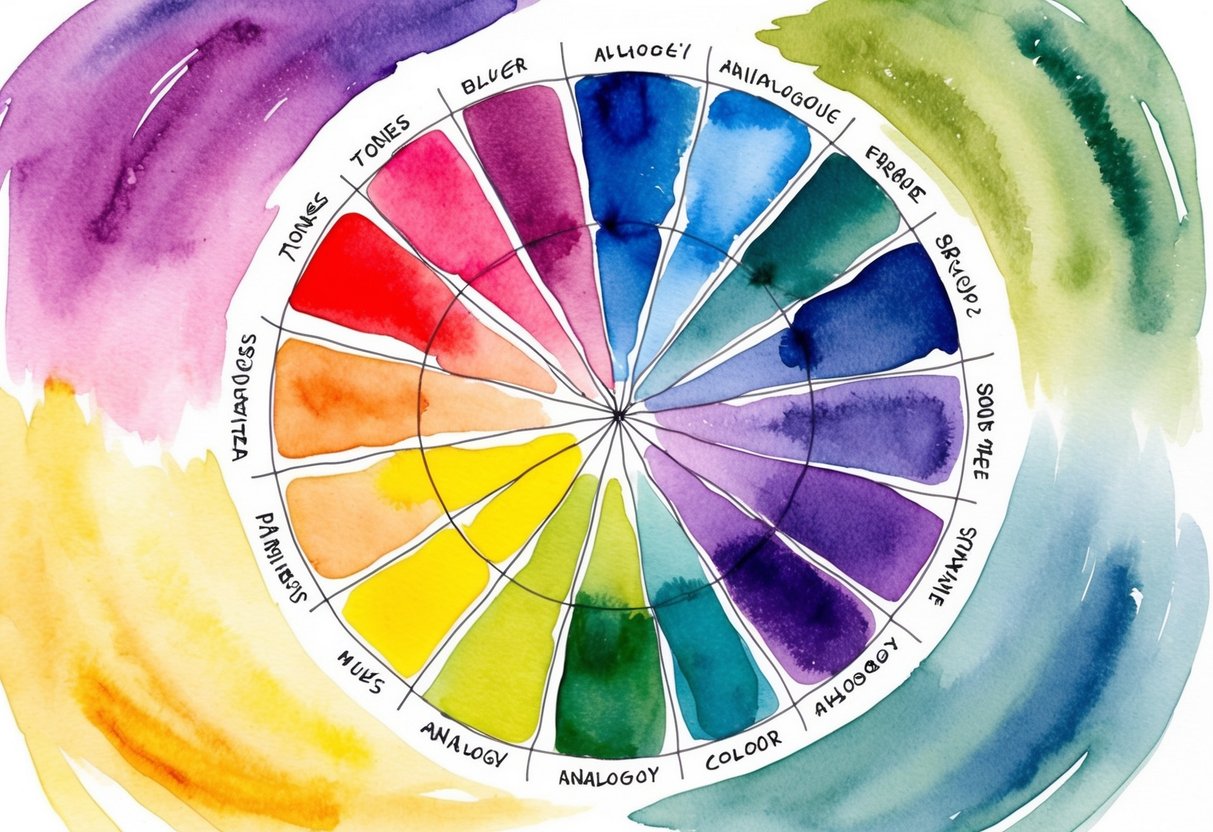 A vibrant illustration of a color wheel with analogous color schemes demonstrated through various combinations of hues and tones