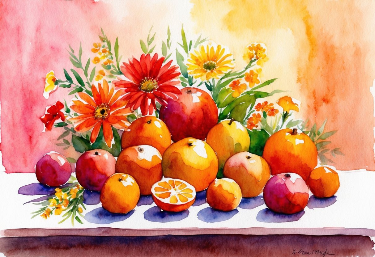 A still life arrangement of fruits and flowers in varying shades of red, orange, and yellow, set against a warm, sunlit backdrop