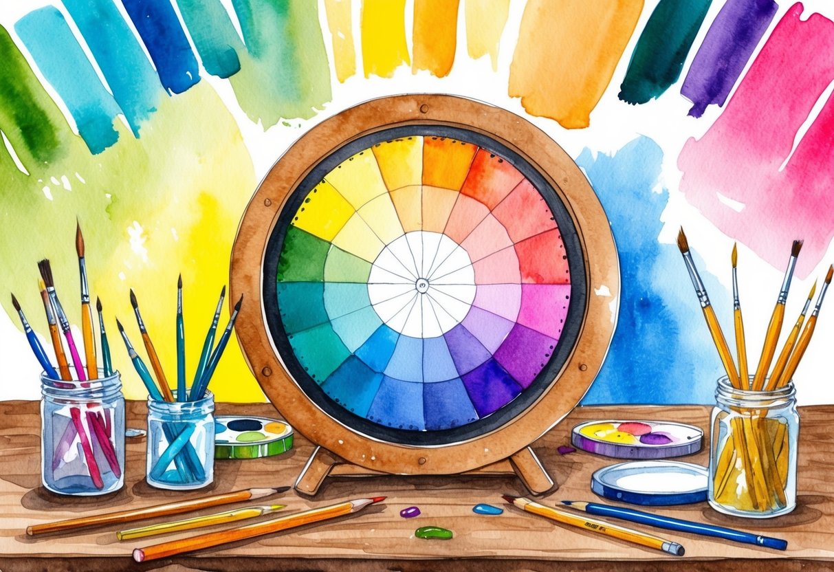 A color wheel surrounded by paintbrushes, pencils, and various art supplies on a wooden table, with vibrant swatches of color in the background