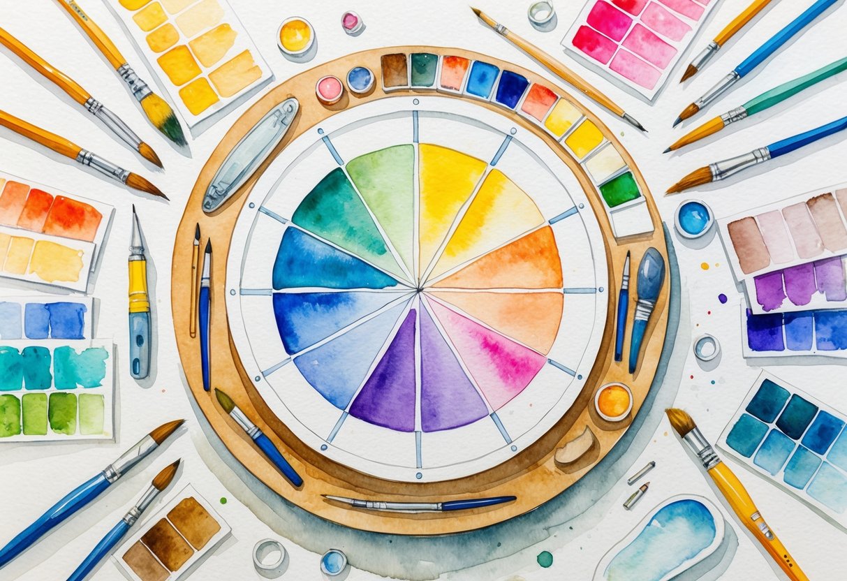 A color wheel surrounded by various artistic tools and materials, such as paintbrushes, pencils, and palettes, with different color swatches and samples displayed around it