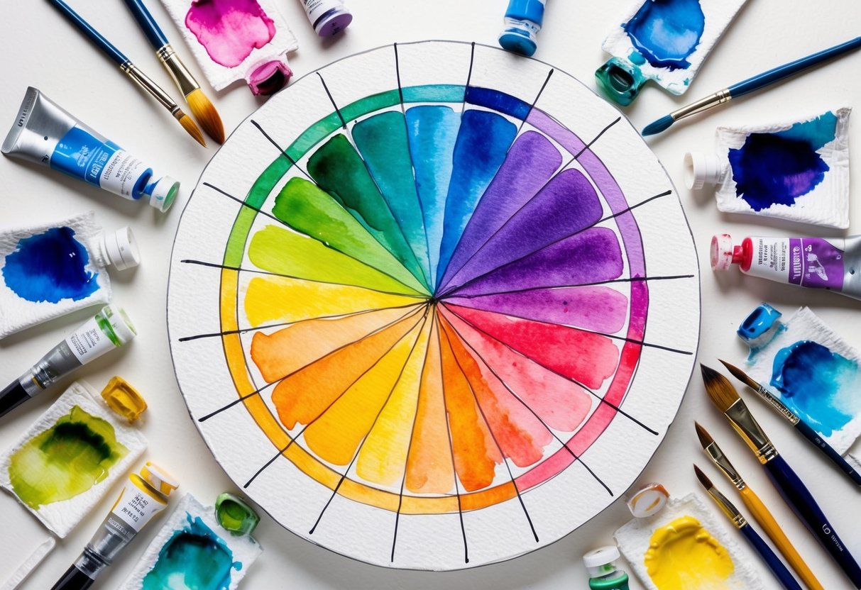 A color wheel with vibrant, contrasting hues arranged in a circular pattern, surrounded by paintbrushes and tubes of paint