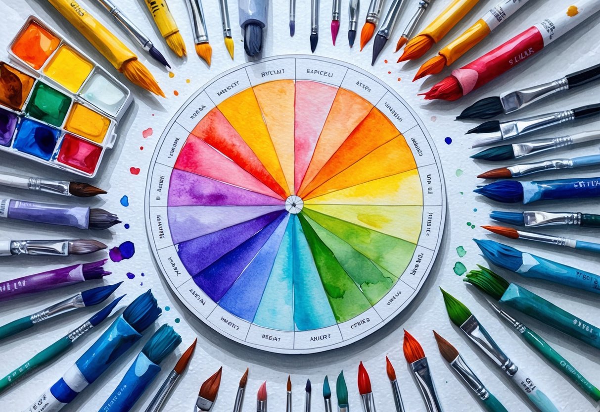 A color wheel surrounded by various art supplies, with a palette of harmonious colors mixing together in the center