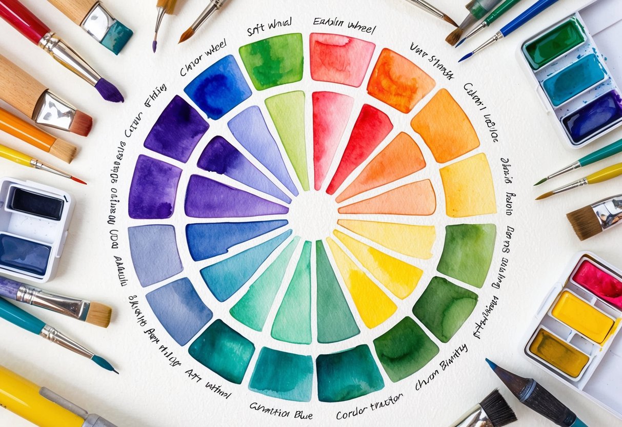 A color wheel surrounded by various art and design tools, with different color combinations and examples of their practical applications