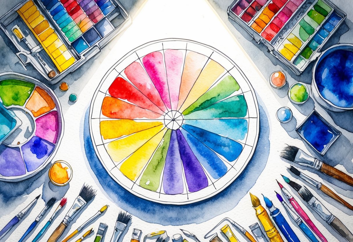 A color wheel surrounded by various art supplies and tools, with a beam of light shining down to highlight its vibrant hues