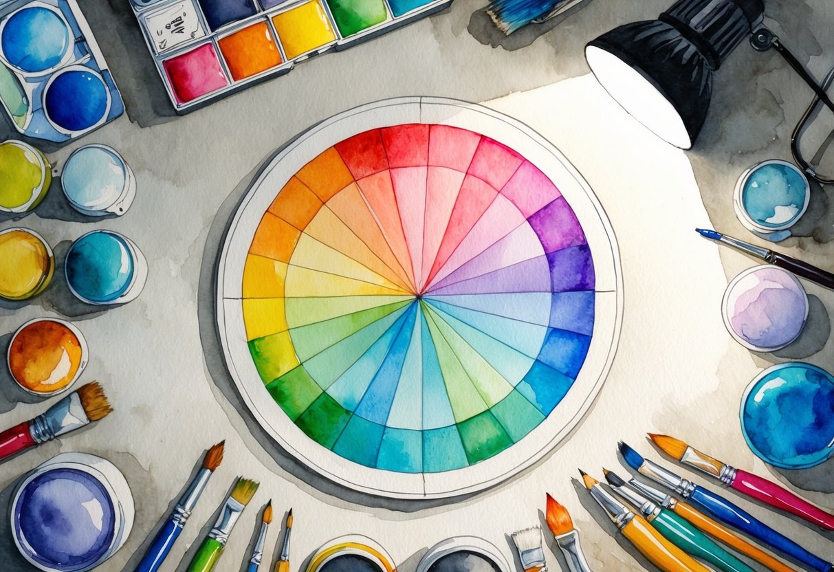 A color wheel surrounded by various art supplies and tools, with a spotlight shining on it to emphasize its importance for artists and designers