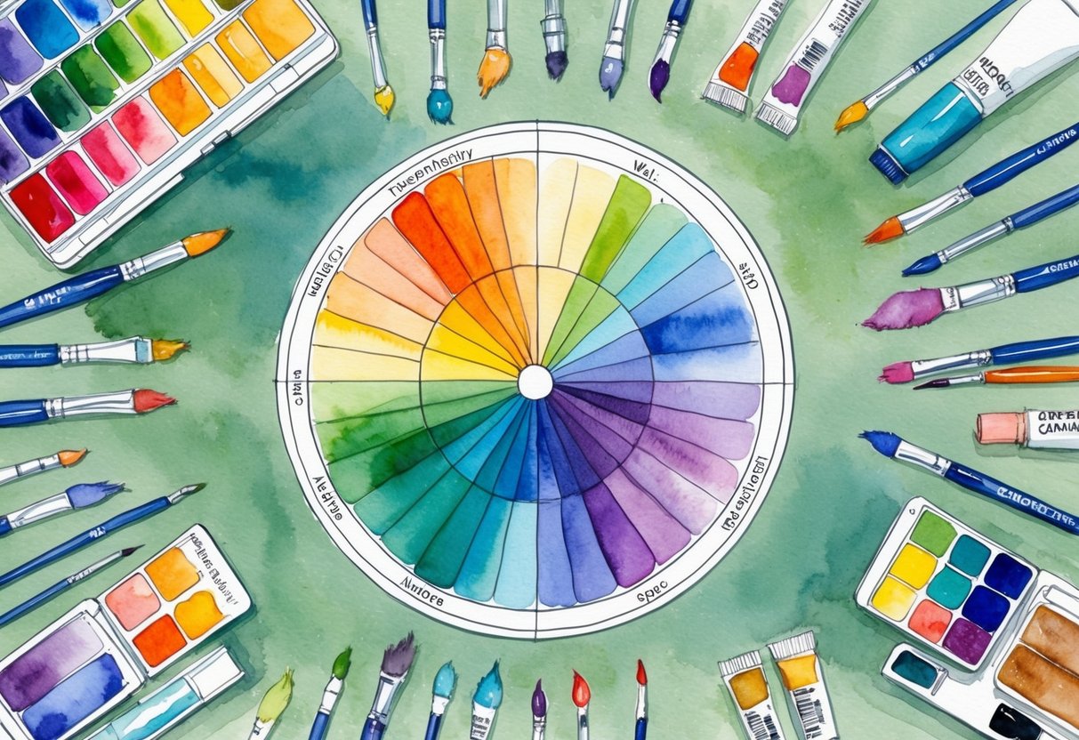 A color wheel surrounded by various art supplies, with examples of complementary and analogous color schemes displayed