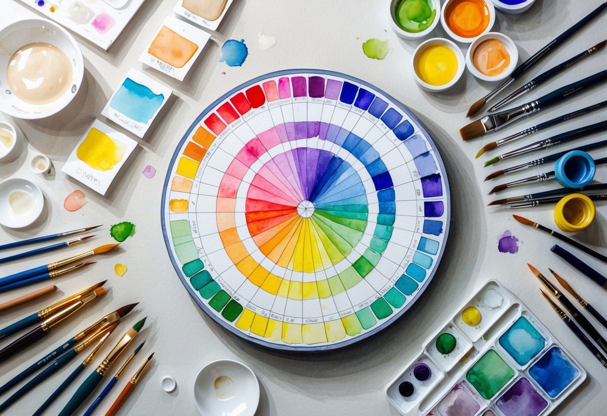 A color wheel surrounded by various paint swatches and mixing palettes, with a range of brushes and pencils scattered around a well-lit art studio