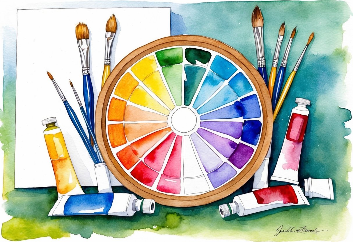 A color wheel surrounded by various paint tubes and brushes, with a blank canvas in the background