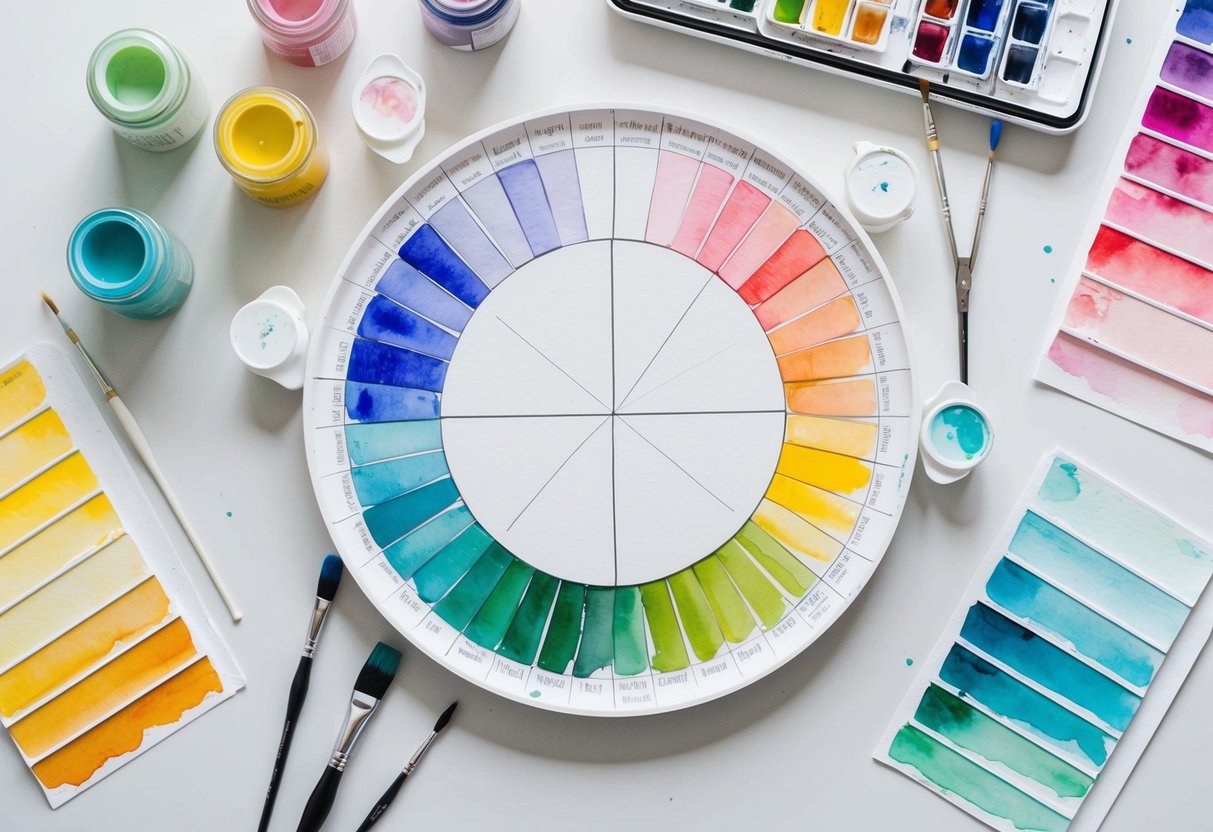 A color wheel surrounded by various paint swatches and mixing tools on a clean, well-lit work surface