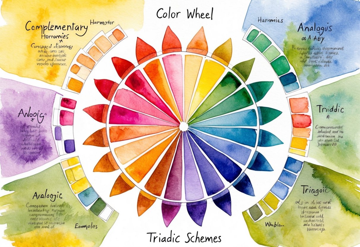 A vibrant color wheel surrounded by various complementary, analogous, and triadic color schemes, with examples of harmonies in nature and art