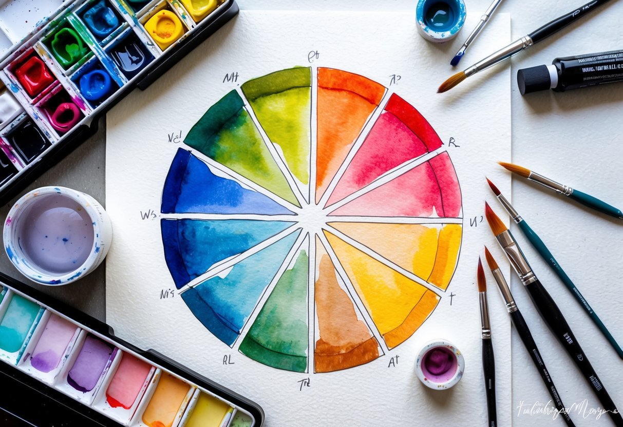 A color wheel surrounded by various art supplies, with paint swatches and blending techniques displayed