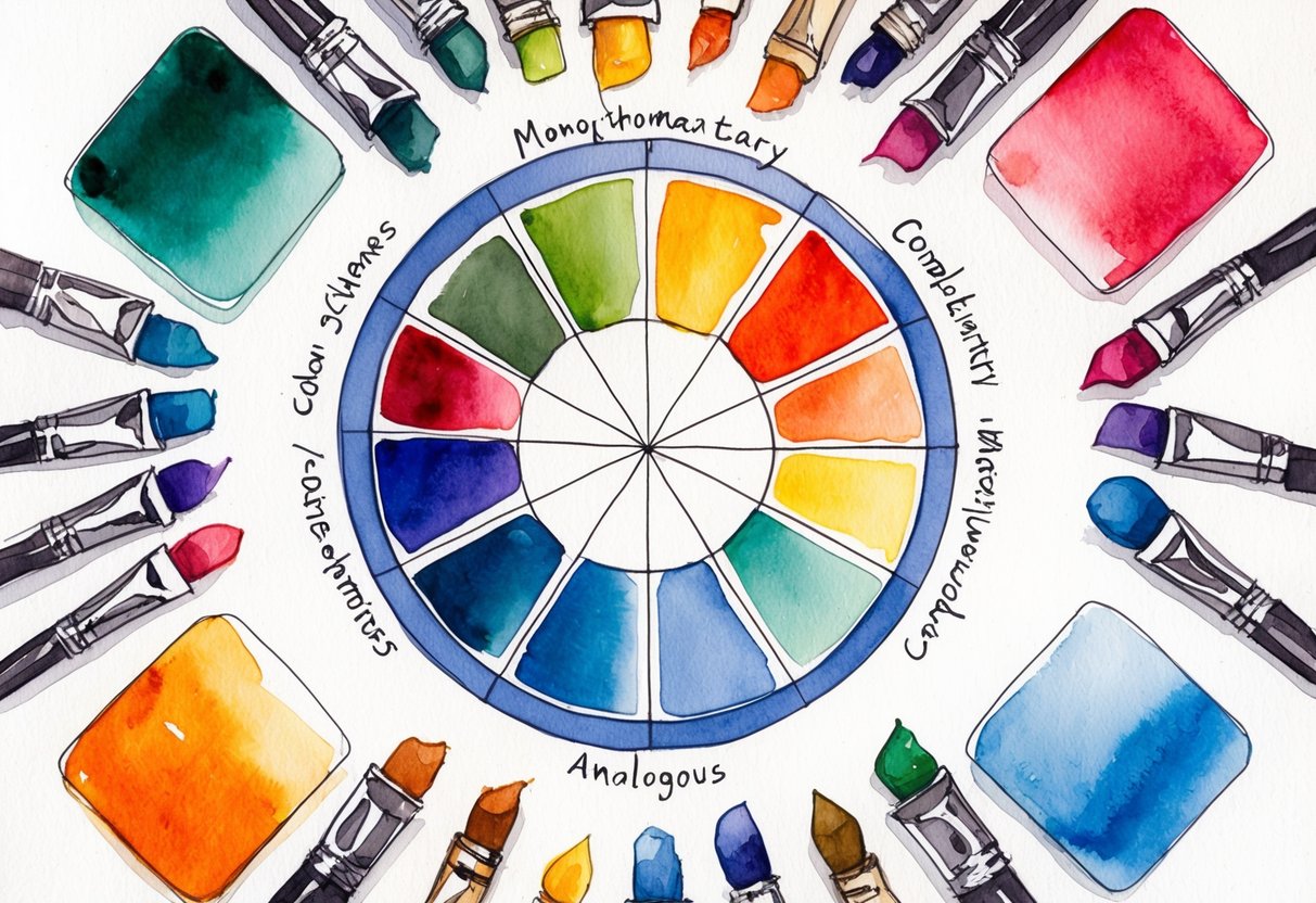 A color wheel surrounded by various art supplies, with examples of complementary, analogous, and monochromatic color schemes displayed