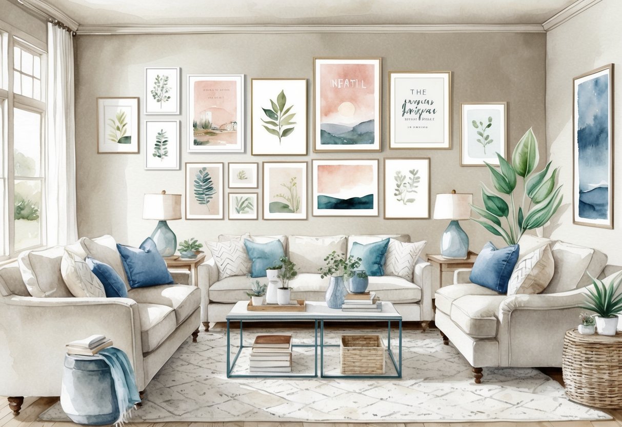 A cozy living room with a neutral color palette, featuring a gallery wall of various art posters in different sizes and frames. The room is filled with natural light and comfortable furniture, creating a welcoming and stylish atmosphere