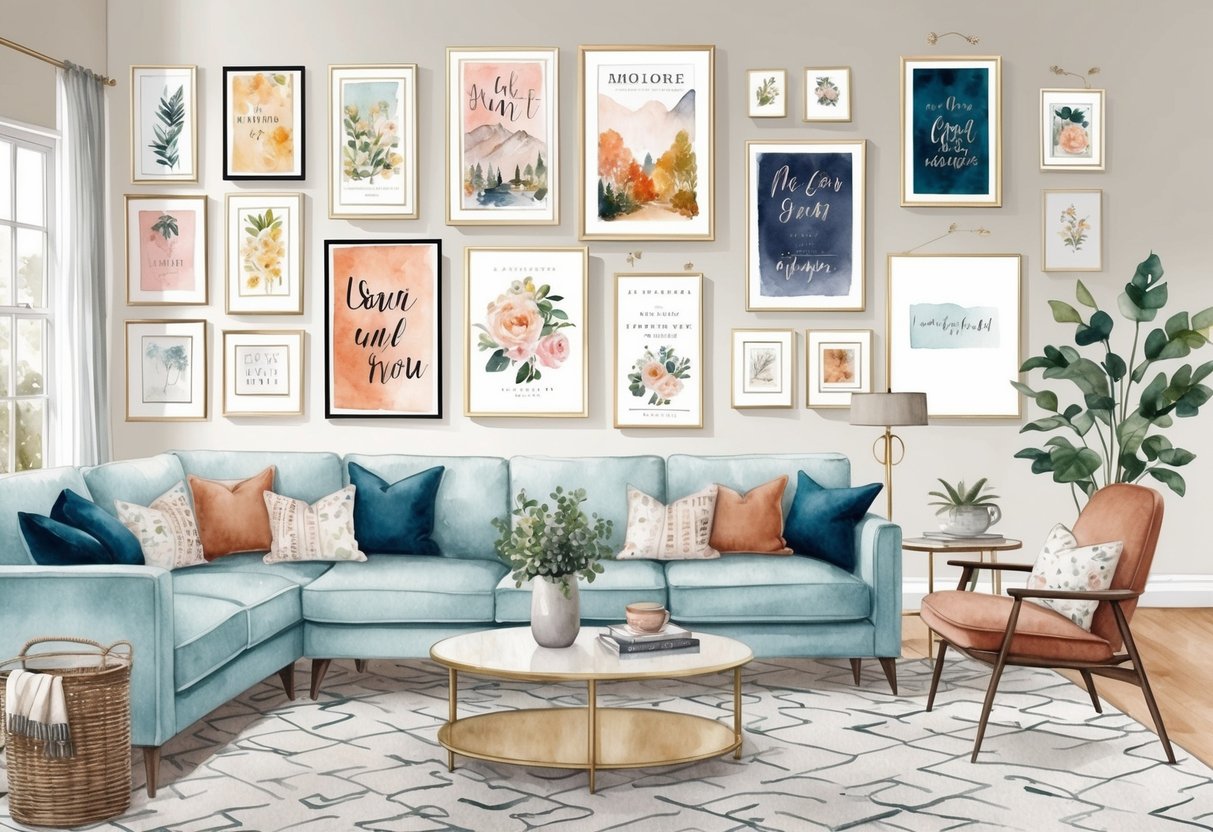 A cozy living room with a gallery wall of art posters in various sizes and frames, creating a stylish and sophisticated atmosphere