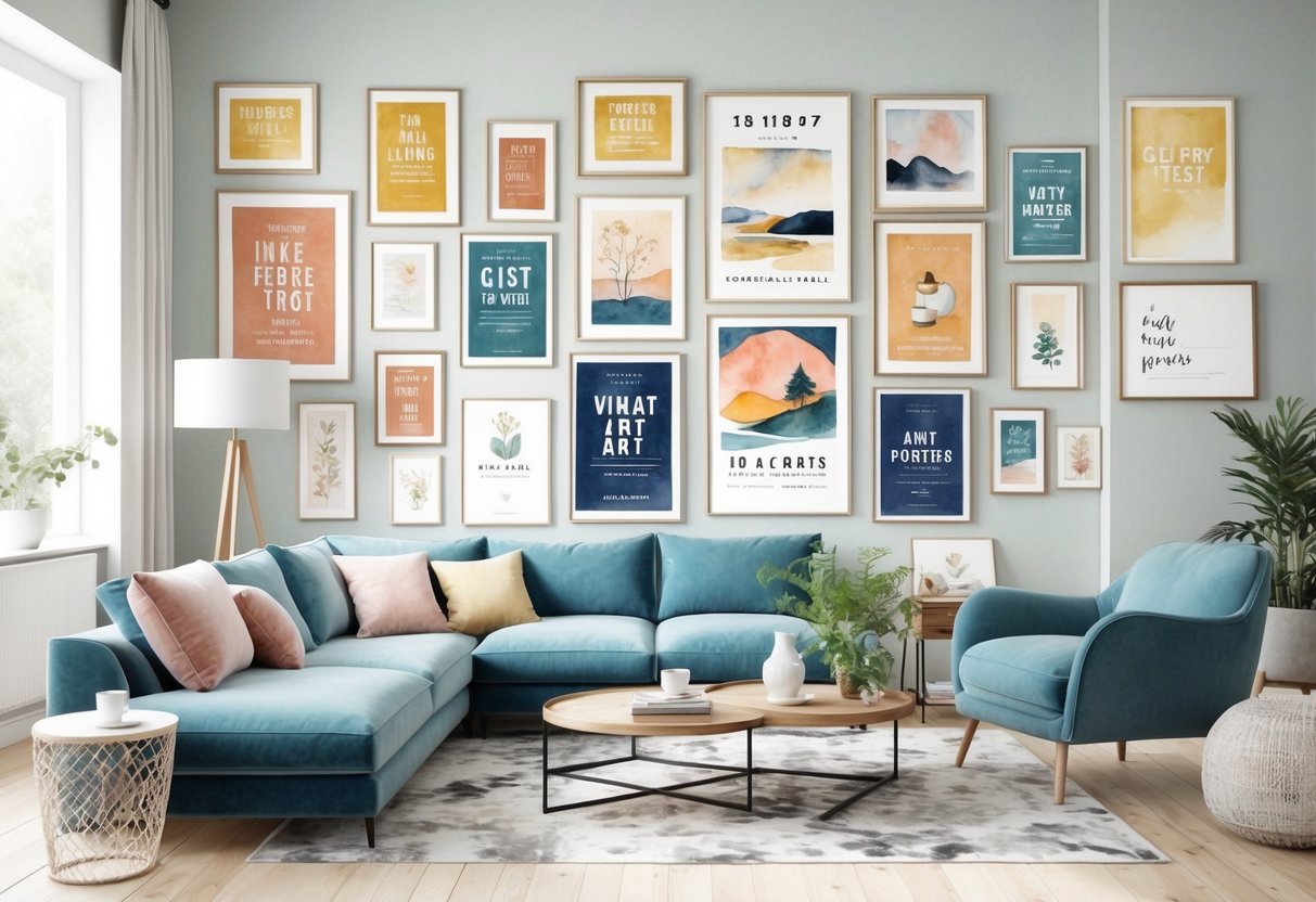 A cozy living room with a gallery wall of art posters in various sizes and frames, complementing the modern furniture and decor