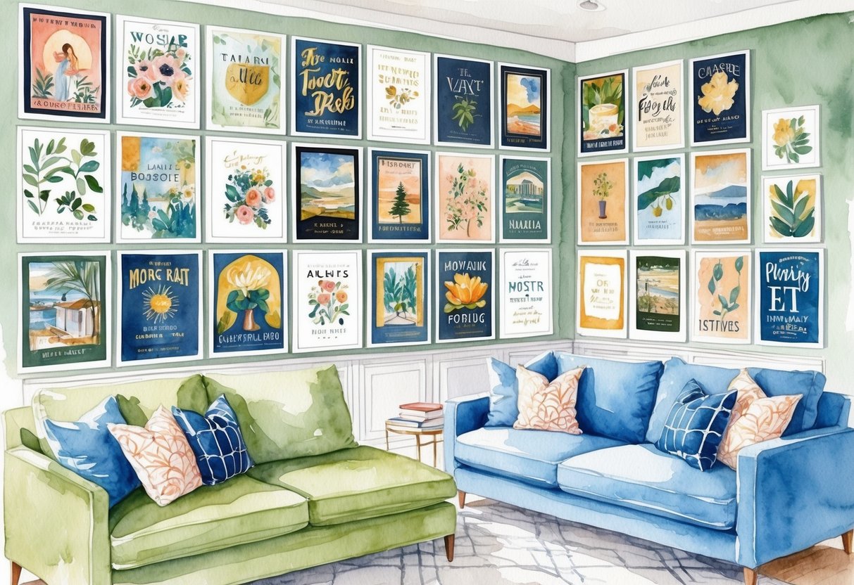 A cozy living room with a gallery wall of art posters, arranged in a balanced and visually appealing manner, with a comfortable seating area below